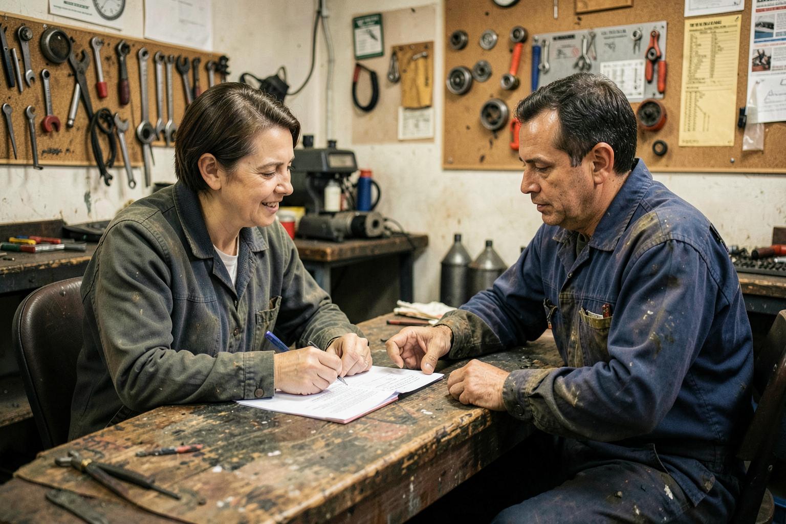 An advisor reviewing paperwork with a mechanic in his auto shop office