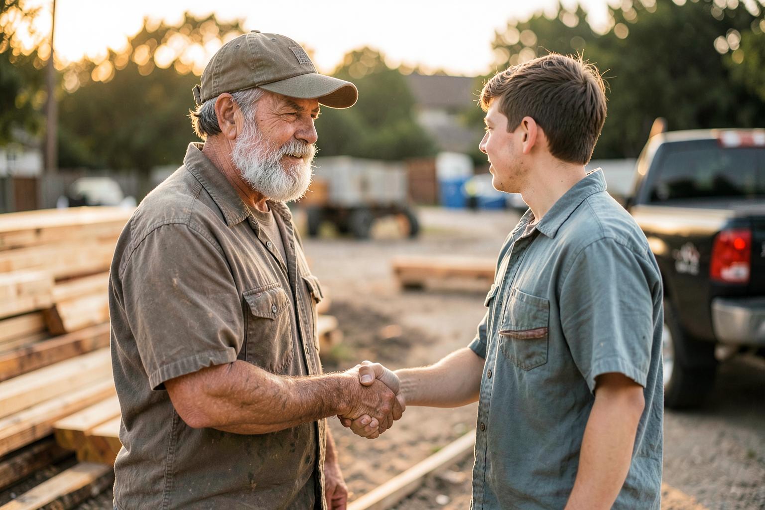 A construction business owner shaking hands with his son on a job site