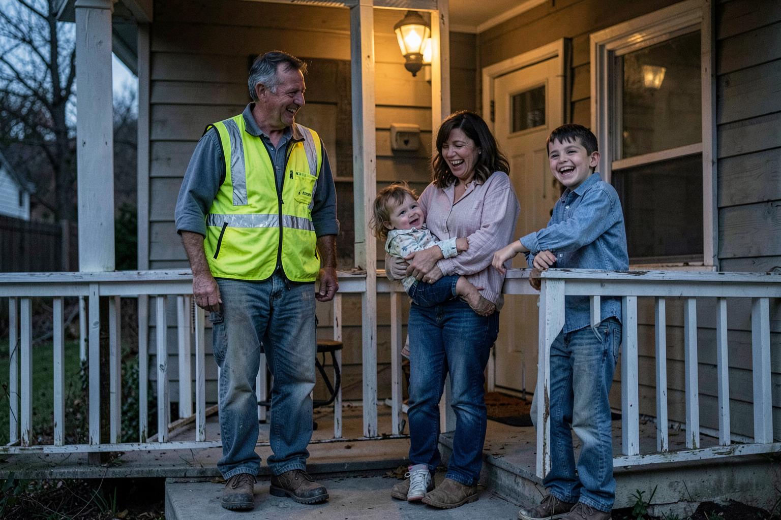 A blue-collar family laughing together on their front porch