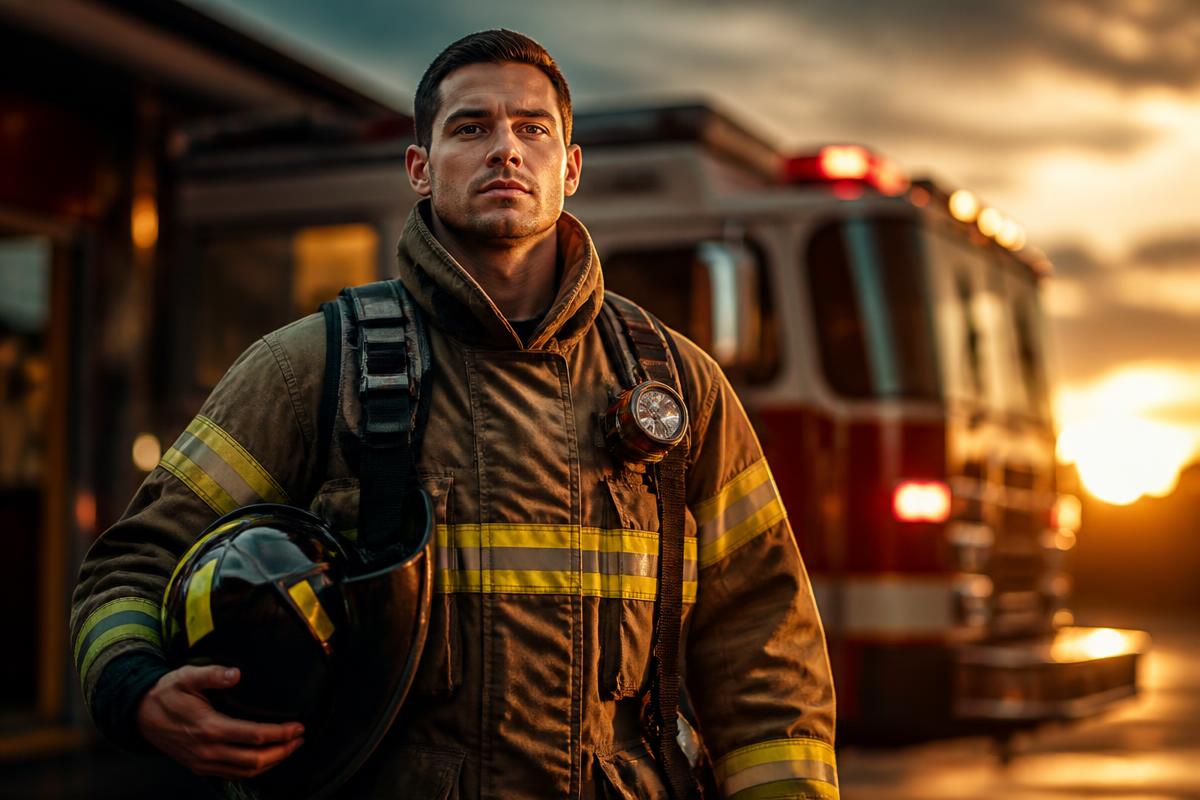 Firefighter in gear standing in front of a fire truck at sunset