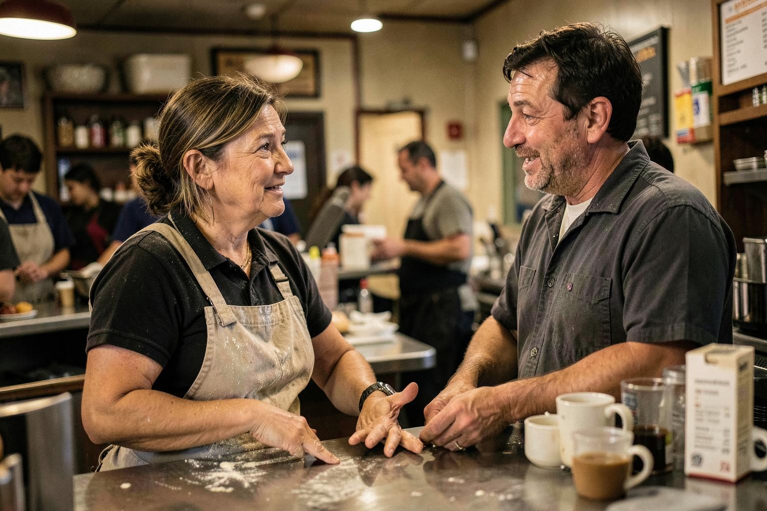 Family restaurant owners talking behind the counter of their diner